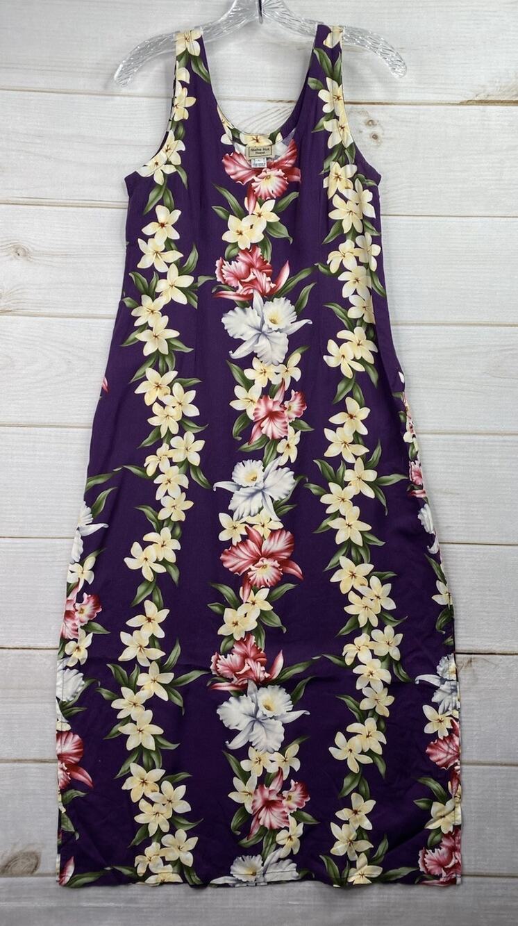 Vintage Aloha Hut Hawaiian Floral Maxi Dress Size L Purple Tropical Slit Rayon
